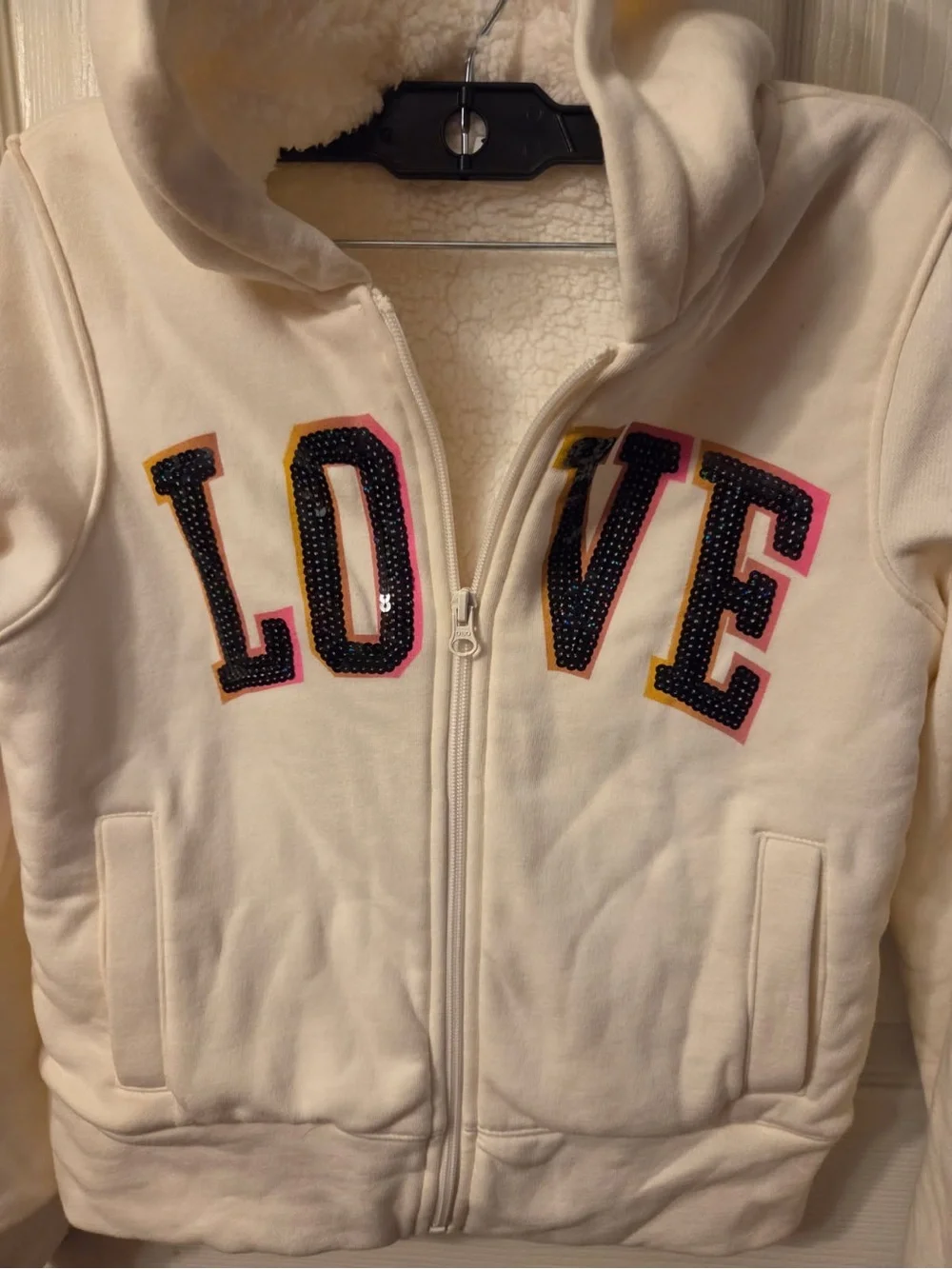 Old Navy Cream Girls' Hooded Zip-Up Sweatshirt with 'LOVE' Appliqué